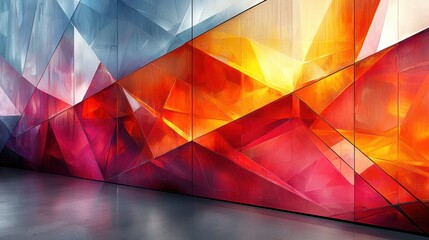 Abstract geometric mural with vibrant colors.