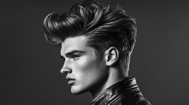 A textured quiff hairstyle for men with voluminous top layers and faded sides, styled for a sharp, trendy look.