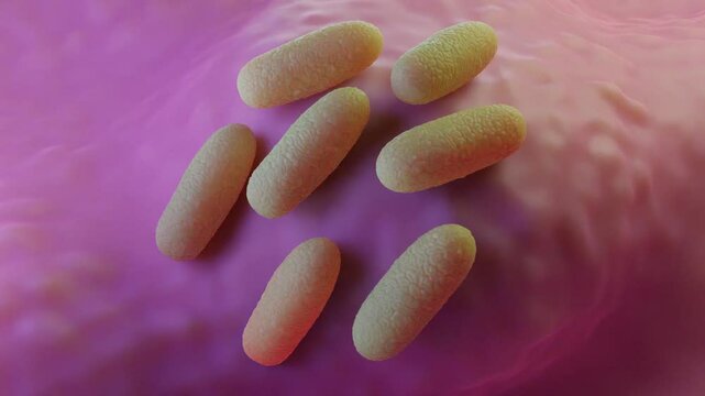 A magnified view of Salmonella typhimurium bacteria, appearing as rod-shaped structures