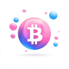 Obraz premium Stylized Bitcoin symbol in a colorful sphere with bubbles, conveying a futuristic digital theme.
