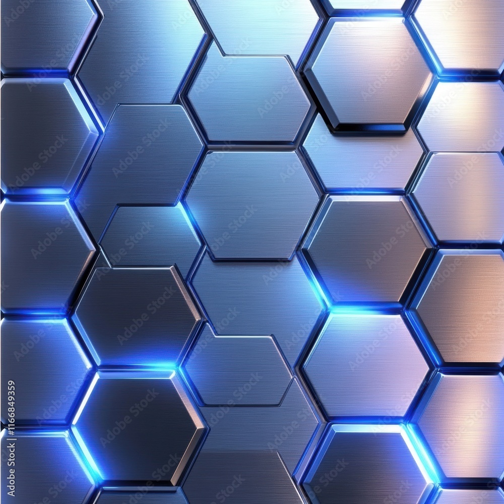 Poster abstract metallic hexagonal geometric pattern with illuminated edges and a sleek, futuristic look.