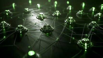 Interconnected glowing green nodes and intricate lines forming abstract geometric patterns on a dark green gradient background