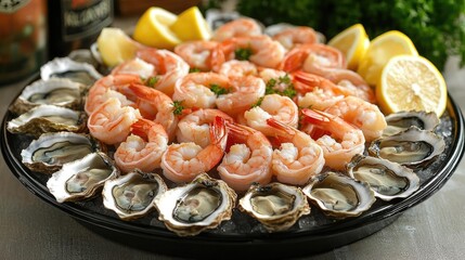 A seafood platter with oysters, shrimp, and lemon wedges, fresh and cold