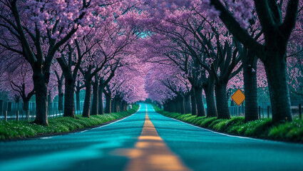 Obraz premium Blooming cherry trees forming a tunnel over scenic road