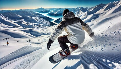 Snowboarding on a Snowy Mountain - Beautiful View with Sunny Weather and Blue Sky - Snowboarder in Action - Sliding down the White Slope - Fresh Snow - Extreme Sport or Winter Sport - Snowboard 