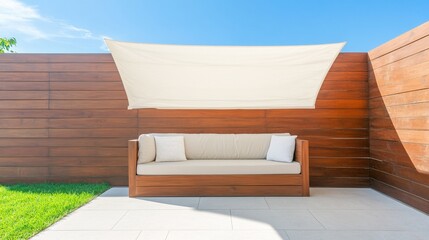 Contemporary Outdoor Seating Area with Sunshade and Stylish Wooden Paneling