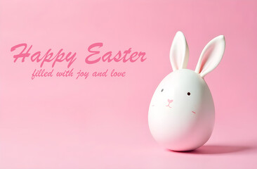 Fototapeta premium A charming white Easter bunny, creatively crafted from an egg, rests on a lovely pink background, enhancing the festive atmosphere