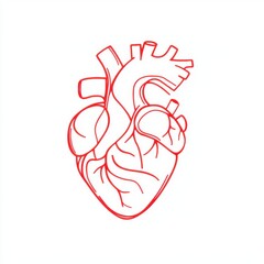 A detailed anatomical illustration of a human heart in red outline against a white background.
