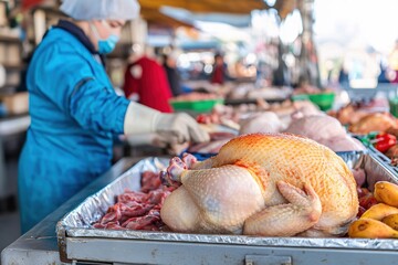 Naklejka premium Fresh Poultry Displayed at Local Market with Vendor Preparing Meat in Background