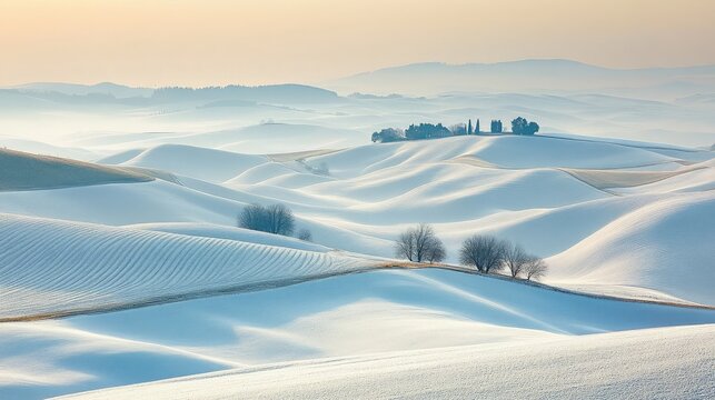 Picturesque winter landscape with rolling snow-covered hills and a clear horizon
