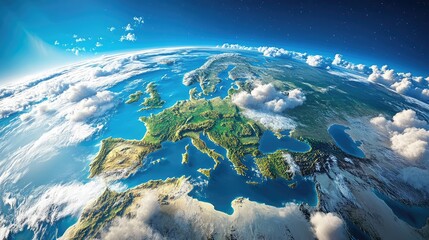 Planet Earth in space with realistic clouds and continents. Europe, Africa, and Asia regions highlighted, 3D render. Perfect for global and environmental presentations.