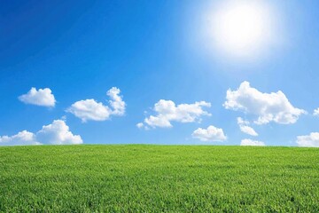 Bright Blue Sky Over Lush Green Field With Fluffy White Clouds and Sunlight
