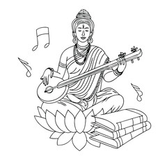 Indian musical Goddess, Illustration of cultural symbol, Playing sitar. (saraswati)