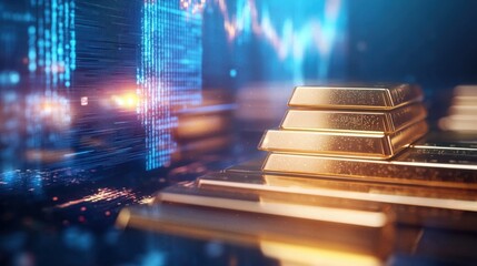 Elegant gold bars stacked beside glowing finance display business context digital environment close-up view wealth concept