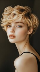 Fototapeta premium Elegant woman with wavy short pixie haircut, golden blonde hair, soft light background, detailed texture, natural expression