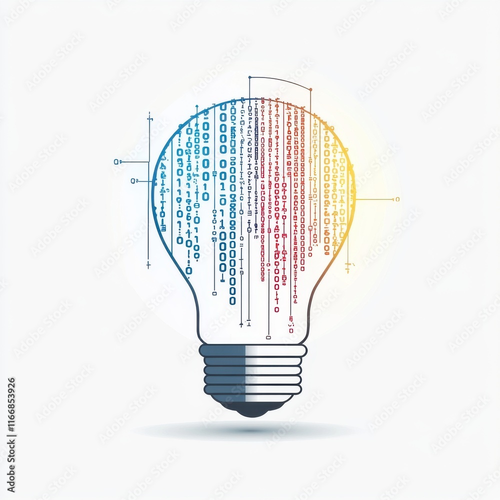 Poster a light bulb design filled with colorful binary code, symbolizing innovation and technology.