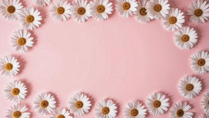 Fototapeta premium Framed daisies on soft pink background perfect for spring theme