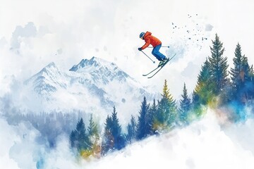 Dynamic watercolor skiing scenes with mountain landscapes and freestyle jumps, AI generated