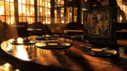 Obraz premium Jazz club table with scattered vinyl records art déco covers and brass gramophone playing in a warm dimly lit atmosphere