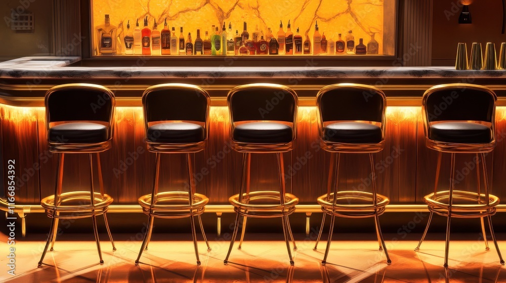 Wall mural High bar stools with dark leather and art déco brass accents in front of a marble bar warm amber lighting creating a nostalgic ambiance