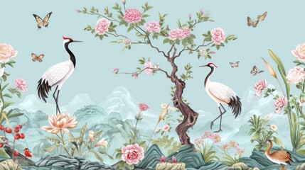 Naklejka premium illustration bird border oriental botanical classic wallpaper chinese art plant floral