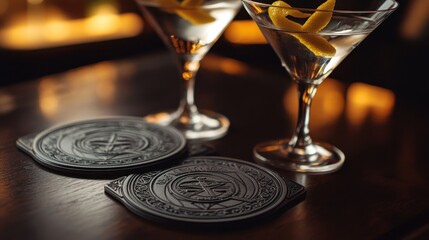 Vintage coasters with elegant art d&eacute;co logos from jazz clubs resting on a polished wood table next to martini glasses warm light casting reflections on the glass