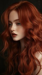 Fototapeta premium Rich auburn and mahogany red hair shades styled in soft curls, showcasing the vibrant depth of the tones.