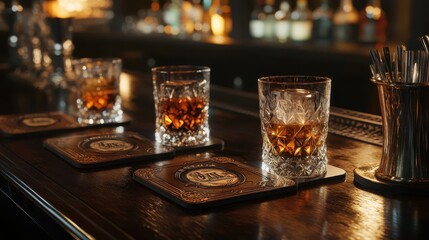 Art déco-inspired coasters with jazz logos next to crystal glasses filled with martinis and whiskey