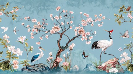 Naklejka premium illustration bird border oriental botanical classic wallpaper chinese art plant floral