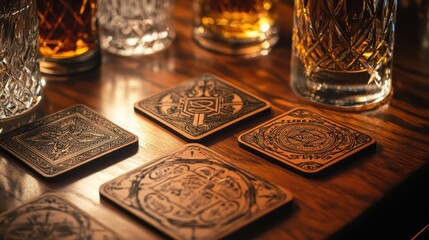 Fototapeta premium Vintage coasters with jazz logos on a wood table next to crystal cocktail glasses under warm ambient lighting