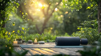 Fototapeta premium Tranquil Outdoor Setting with Yoga Mat and Meditation Accessories Promoting Mental Wellness and Relaxation in a Calming Natural Environment