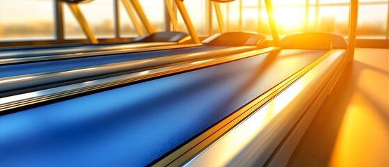 A blue and yellow treadmill with a sun shining on it