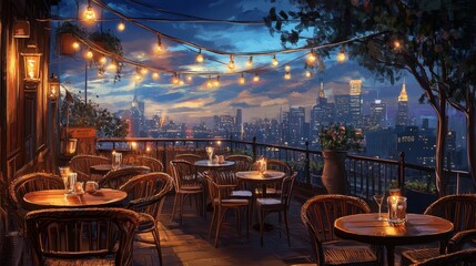 Fototapeta premium Jazz terrace with wicker furniture whiskey glasses string lights and a distant city skyline adding elegance to the scene