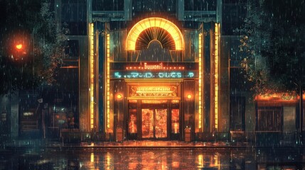 Obraz premium 1920s jazz club facade with neon lights art déco door and reflections on the wet street from the golden light spilling from the doorway