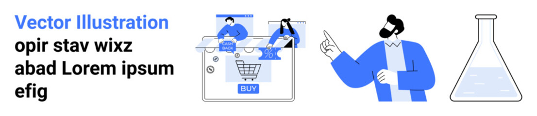 Characters working on a futuristic interface with a shopping cart icon, a businessman pointing, and a filled flask. Ideal for tech innovation, e-commerce, virtual meetings, scientific research