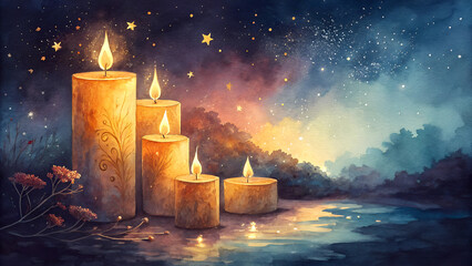 Watercolor Epiphany candlelight background, softly glowing candles in warm tones of gold and orange, with light blending gently into a dark, rich backdrop of blues and purples, symbolizing spiritual i