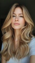 Naklejka premium Warm honey blonde hair shades with glowing caramel highlights styled in soft, voluminous waves.