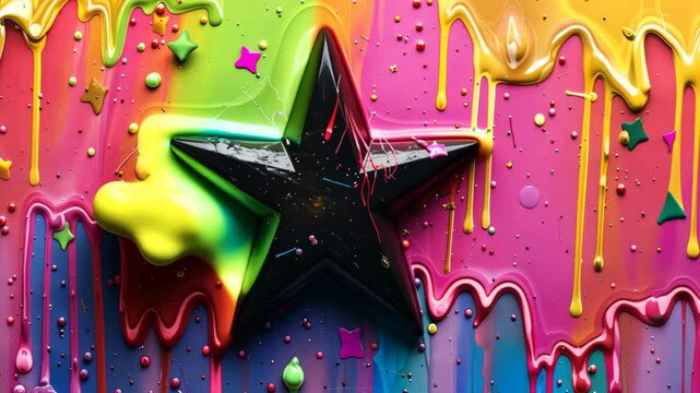 Colorful paint drips surround a star on a vibrant surface in a creative art setting