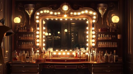 Obraz premium Luxurious 1920s dressing room with large mirror perfume bottles and warm amber light reflecting off elegant surfaces