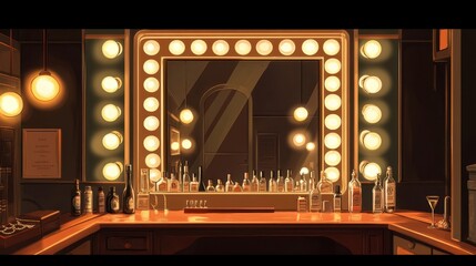 Fototapeta premium 1920s jazz club dressing room with large ornate mirror vanity with champagne bottles perfume bottles and warm lighting