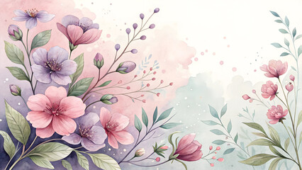 Watercolor floral background, delicate pink and purple flowers with soft green leaves, celebrating femininity and beauty with copy space 