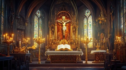 Obraz premium A detailed Gothic altar with a large crucifix Bible chalices and candles illuminated by natural light streaming through stained glass windows