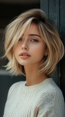 Fototapeta premium Young woman with soft layered bob, honey blonde highlights, natural outdoor background, peaceful expression, sharp hair texture