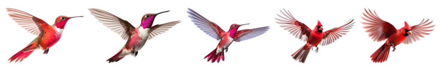 Obraz premium PNG Vibrant hummingbirds in flight, isolated element set, transparent background