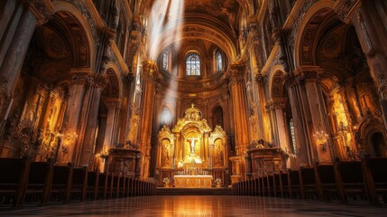 Fototapeta premium Golden light streams through windows highlighting the altar with ornate decorations
