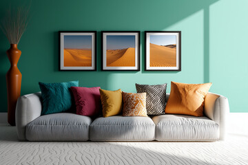Framed desert landscapes on a vibrant teal wall complementing a cozy living room with a plush sofa adorned with colorful cushions
