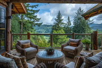 Elegant Log Cabin Deck with Stunning Views of Washington's Lake District

