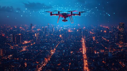 Naklejka premium Drone flying over a city with digital connections.