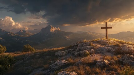 Wooden cross on a rocky hill with dramatic clouds and the sunset casting warm light on the landscape