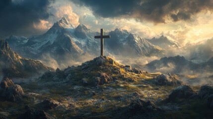 Obraz premium Wooden cross on a rocky hill with storm clouds above and warm sunset light on the rugged landscape